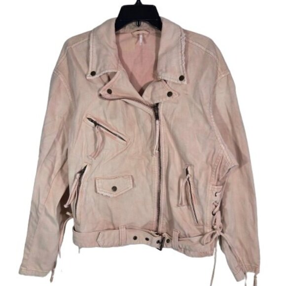 Free People Jacket Moto Washed Rose Pink Denim Lace Up Sides Belted Zippers M - Picture 2 of 4